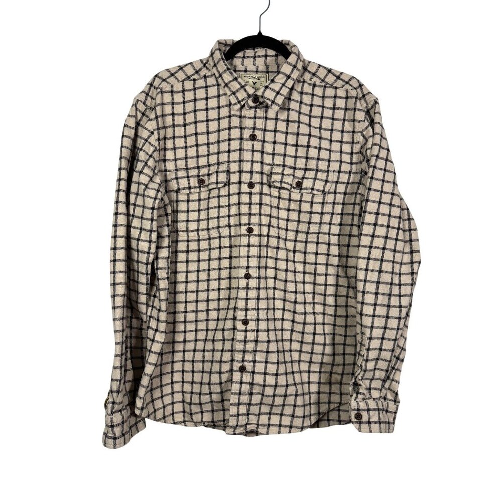 American Eagle Outfitters Flannel Button Front Shirt Beige Sz XL Plaid Preppy
